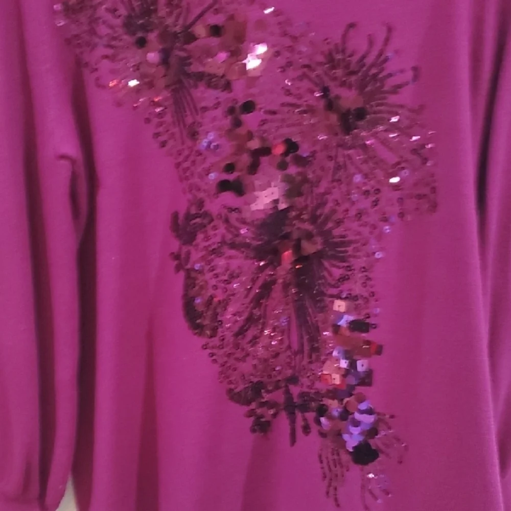 Chico's Magenta Sequin Floral Rayon Blend Blouse - Picture 8 of 8